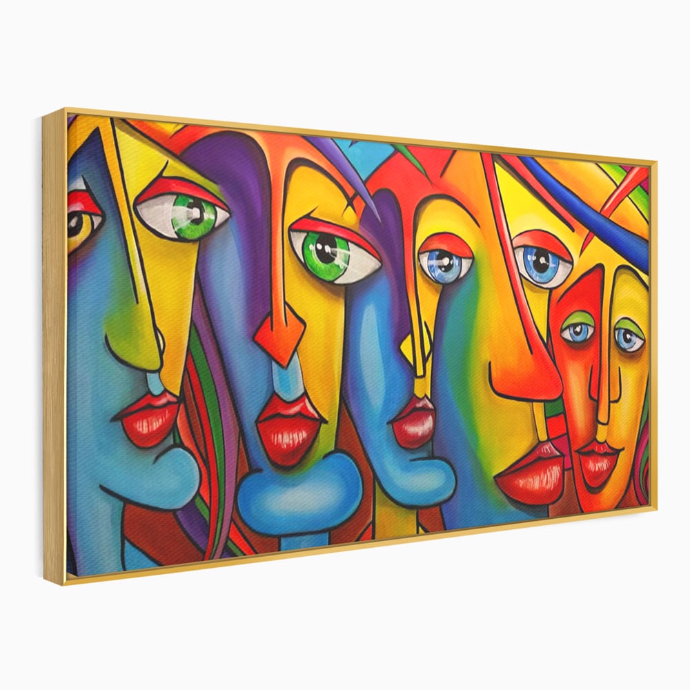 Tablou canvas cu tablou canvas cu fete abstracte colorate, in rama de aluminiu auriu